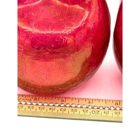 Art Glass Blenko? Pinched Vase Crackle Vintage Red Gold Florescent /Set of 2/dmg - Picture 6 of 8